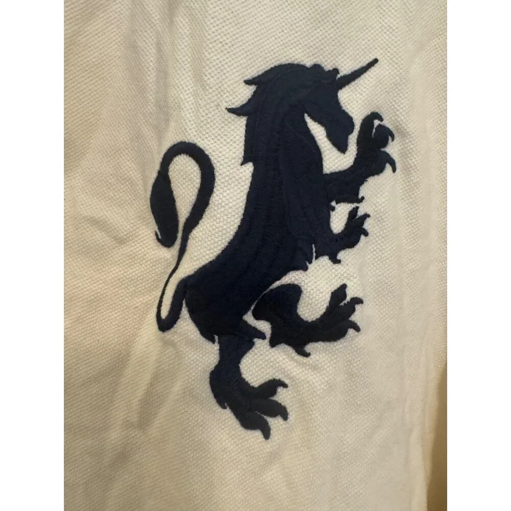 Stafford Prep Mens Polo XL Ivory/Navy Embroidered Lion Cotton Short Sleeve Shirt